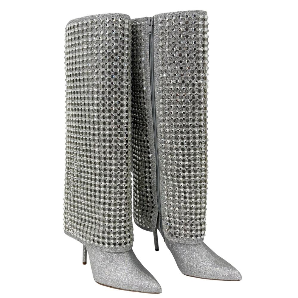 Gianni Bini Lowry Rhinestone Foldover Tall Boots Silver Glitter Zipper Size 7 - Picture 7 of 12